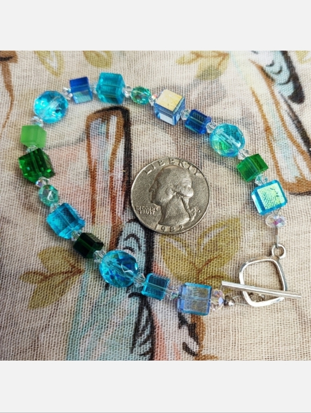 Cube Crystal Glass Ocean Blue Azure Green Faceted AB Signed 925 Toggle Bracelet